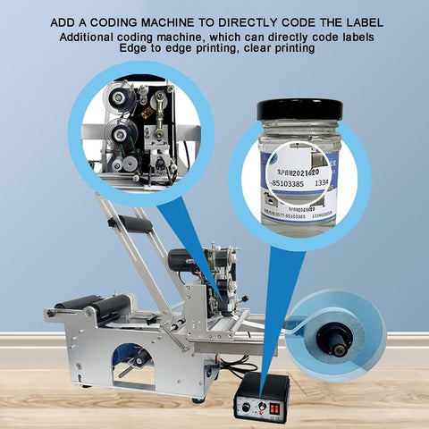 Dead Simple Desktop Semi Automatic Labeling Machine With Built In Coding Printer For Round Bottles Up To 120 Millimeters in use with clear label print.