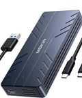 Lightning Fast 40Gbps M2 Nvme Ssd Enclosure With Thunderbolt Connection For Mac M1 Pro Max, blue metal casing with USB cables.