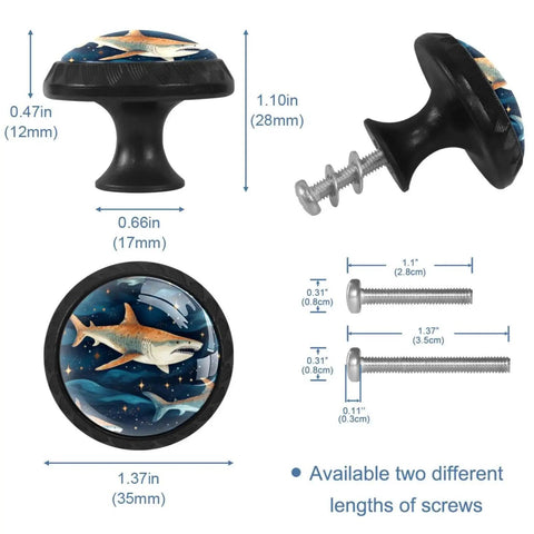 Four Piece Round Cabinet Knobs Set For Drawers And Doors, shark design knob with screws, dimensions shown