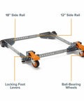Heavy Duty Universal Mobile Tool Base with 3 Inch Non Marking Wheels, shown with 18" and 12" adjustable side rails.