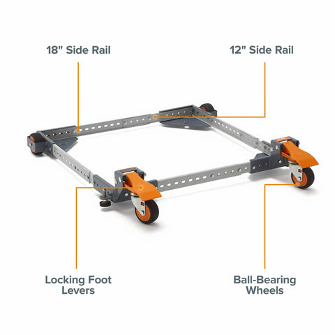 Heavy Duty Universal Mobile Tool Base with 3 Inch Non Marking Wheels, shown with 18" and 12" adjustable side rails.