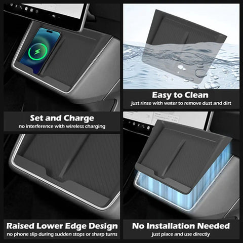Tesla Model Y Juniper Standard Center Console Organizer Set With A Badass Wireless Charging Pad and Squared Away Cup Holder Insert displaying features and ease of use.