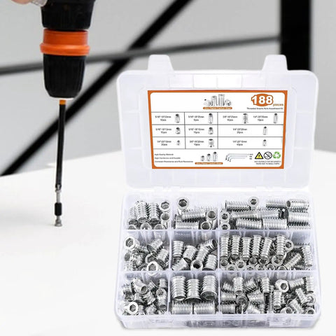 Premium Quality Heavy Duty Threaded Inserts For Wood With Precision Pre Drilled Socket Connectors And Hex Wrench Fasteners in a storage box.