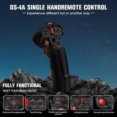One Hand RC Transmitter With 4 Channel Receiver Kit For Car Boat Drone Airplane 2.4GHz Controller shown against mountain backdrop