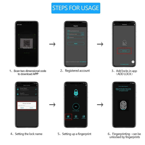 Setup instructions for fingerprint padlock with USB rechargeable battery, showing app registration and fingerprint setup steps.
