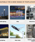 Collage showing uses for M12 5 Pin A Coded Connector Cable in lighting, ships, industrial and building applications, and communication gear.