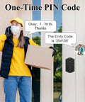Kick The Keys To The Curb With This Rock Solid Keyless Entry Door Lock Featuring A Smart Keypad Deadbolt USB Emergency Charge And Anti Peep Code Tech For Zero Hassle Home Security with woman holding package using entry code.