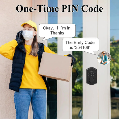 Kick The Keys To The Curb With This Rock Solid Keyless Entry Door Lock Featuring A Smart Keypad Deadbolt USB Emergency Charge And Anti Peep Code Tech For Zero Hassle Home Security with woman holding package using entry code.