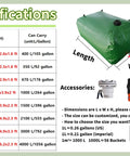 Specifications for 500 Gallon Portable Collapsible Water Storage Tank Built Tough From Durable PVC Canvas for Off Grid Camping RV.