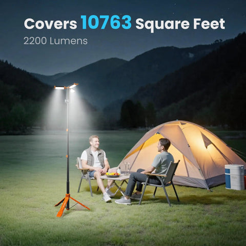 Rechargeable Outdoor Camping Light With Remote And Detachable Tripod Up To 6 Ft, 3 LED Lamp Heads illuminating campsite at night
