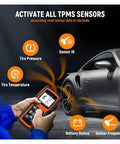 Pro Grade OBD2 Code Reader And Diag Tool With TPMS Learn Tool For Cars Trucks Vans displaying tire pressure and temperature readings.