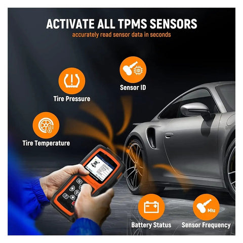 Pro Grade OBD2 Code Reader And Diag Tool With TPMS Learn Tool For Cars Trucks Vans displaying tire pressure and temperature readings.