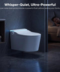 Hands Free Foot Operated Wall Mount Smart Toilet With Automatic Bidet Heated Seat Touchless Auto Flush in dimly lit bathroom.