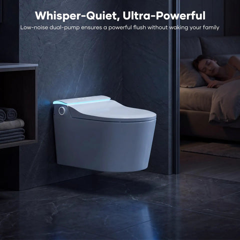 Hands Free Foot Operated Wall Mount Smart Toilet With Automatic Bidet Heated Seat Touchless Auto Flush in dimly lit bathroom.