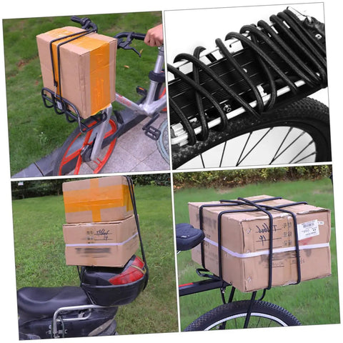 Bicycle loaded with packages secured by Elastic Cargo Binding Belt With Quick Release Tensioner for kayaks and gear.