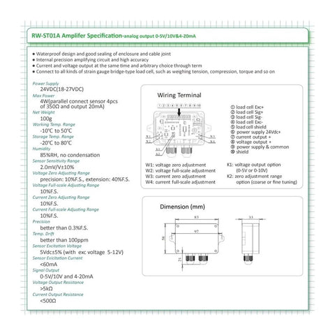 Load Cell Amplifier For Strain Gauge With Dual Signal Output 0 To 5V 0 To 10V And 4 To 20 mA specification and wiring diagram
