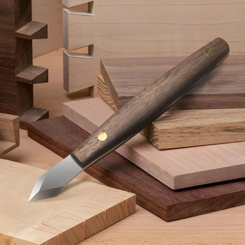 Badass Woodworking Marking Knife Built Tough With A Razor Sharp Double Bevel Blade And Slick Leather Sheath on wood pieces.