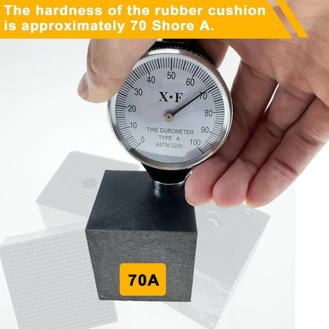 Measuring hardness of 4 Piece Rock Solid Rubber Anti Vibration Isolation Blocks for HVAC and AC Units Heavy Duty Sound Dampening Bumper Pads with durometer.