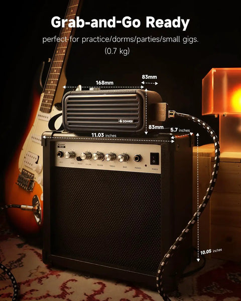 Portable 25W Mini Electric Guitar Amp With Dual Speakers Smart App Control Type C Charging Bluetooth And AUX Input Ideal For Daily Practice And Outdoor Jams Lightweight Battery Powered Practice Amp shown with measurements.