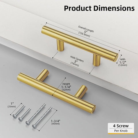 Dimensions of 30 Pack 3 Inch Gold Cabinet Handles For Cupboards And Drawers, Fade Resistant Stainless Steel, with screws