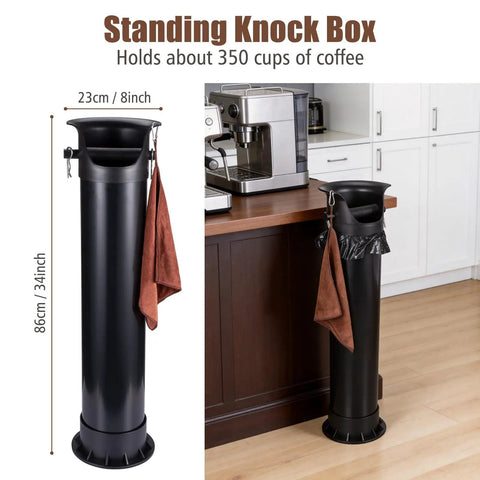 18L Coffee Knock Box For Coffee Shops, Bars And Home, Floor Standing Commercial Espresso Grounds Bin next to espresso machine