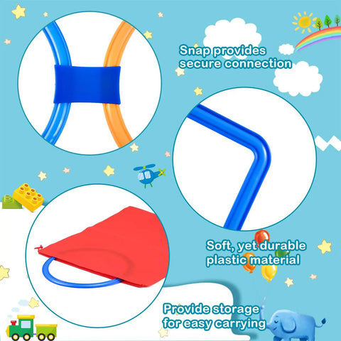 Close-up of connectors and red storage bag in the Two Sets Hopscotch Outdoor Game Kit With Hoops And Squares, 20 Pcs Total.