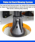 Close-up of pulse jet back blowing system in heavy duty mobile pulse jet dust collector with two cartridges for laser cutting