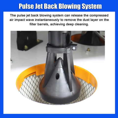 Close-up of pulse jet back blowing system in heavy duty mobile pulse jet dust collector with two cartridges for laser cutting