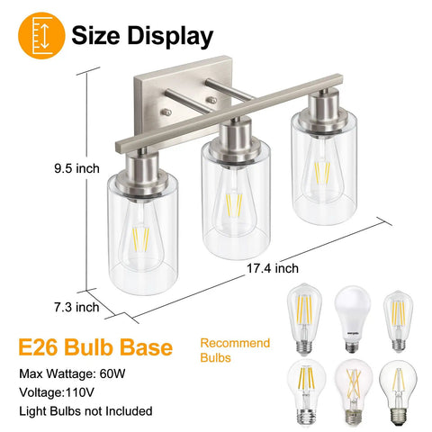Three Light Brushed Nickel Bathroom Vanity Light Fixtures With Clear Glass Shades showing dimensions and recommended bulbs