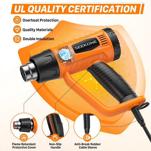 Powerful 1800W Heat Gun With Dual Temps 752F And 1112F, Four Nozzles, Overheat Protection, shown with UL Quality Certification