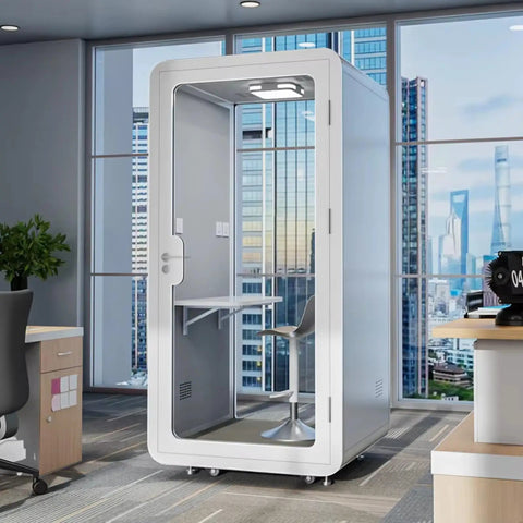 Portable One To Two Person Soundproof Office Pod With Thick Acoustic Panels and Whisper Quiet Ventilation in modern office setting.