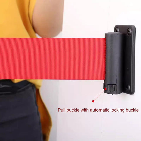 Heavy Duty Retractable Queue Barrier With Smooth As Butter Retractor High Visibility Red White Belt wall mount installation detail