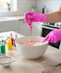 Top Tier Disposable Nitrile Gloves In Bright Fuchsia, Powder Free Latex Free, 3 Mil Flexible Grip For Kitchen Cleaning And Beauty Tasks, 100 Count, woman using pink food coloring while mixing ingredients