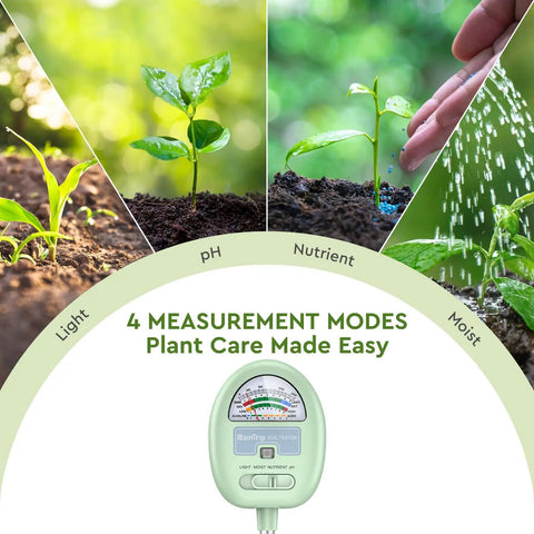 4 In 1 Soil Tester For Moisture, pH, Light And Nutrients, measuring modes display, plant care made easy, green design