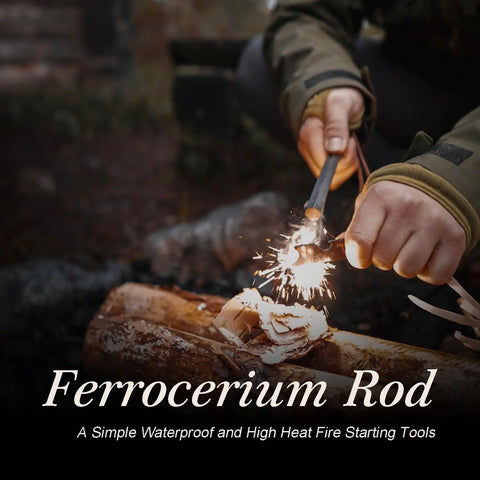 Person using ferrocerium rod to create sparks on wood. Two Pack Ferrocerium Rod Fire Starters 3 By 4 Inch Flint Rods For Camping And Survival
