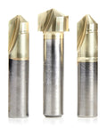 Snag These Heavy Duty Zirconium Nitride Coated Carbide V Groove Router Bits Perfect For Cutting ACM Panels And Aluminum Sheets With Precise 90 108 135 Degree Angles And A Rock Solid One Half Inch Shank, showing three bits with sharp tips.