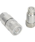 Grab This Beefy Pair Of 1/4 Inch NPT Flat Face Hydraulic Quick Couplers Made Tough Carbon Steel For High Pressure Worksite Rigging Rated 5076 PSI Boss Mode With Dust Caps To Lock And Seal Like A Pro On Any Job Site Grind. silver 1/4 NPT flat face hydraulic quick coupler pair