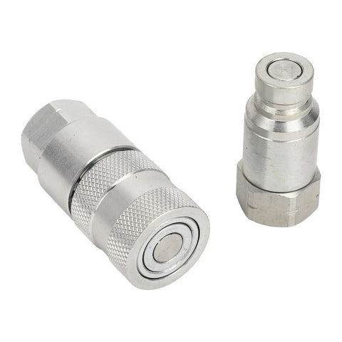 Grab This Beefy Pair Of 1/4 Inch NPT Flat Face Hydraulic Quick Couplers Made Tough Carbon Steel For High Pressure Worksite Rigging Rated 5076 PSI Boss Mode With Dust Caps To Lock And Seal Like A Pro On Any Job Site Grind. silver 1/4 NPT flat face hydraulic quick coupler pair