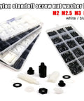Three Sets Of M2 M2.5 M3 M4 Nylon Hex Spacer Columns Standoff Kit For PCBs And Motherboards With Screws Nuts And Washers Black 850 Pieces, assorted bins