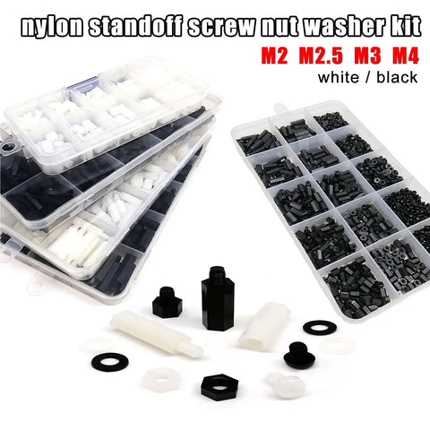 Three Sets Of M2 M2.5 M3 M4 Nylon Hex Spacer Columns Standoff Kit For PCBs And Motherboards With Screws Nuts And Washers Black 850 Pieces, assorted bins