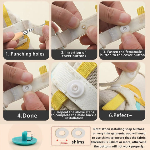 Installation guide for 120 Sets T5 Plastic Snap Buttons No Sew No Tools Required Hand Press Fasteners in use on fabric.
