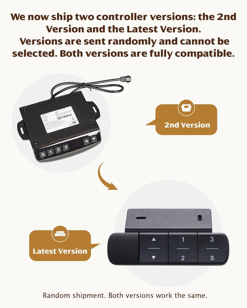 We now ship two controller versions for Dual Motor Electric Standing Desk Frame, both compatible.