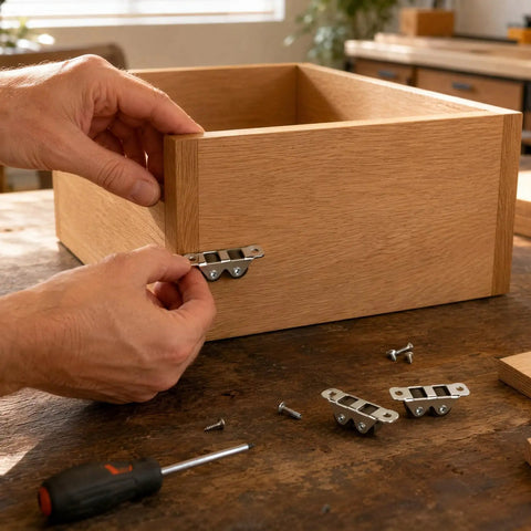 Person installing metal brackets on a wooden drawer using a screwdriver, with screws visible on a workbench.