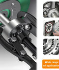 Close-up of Premium High Grade Carbon Steel 3 Jaw Bearing Puller Built Like A Tank With Rock Solid Grip and Reversible Jaws during wheel extraction.