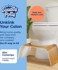 Contempo Slim Teak Finish Toilet Stool, 7 Inch Height, Brown And White beside a standard toilet.
