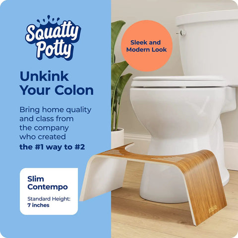 Contempo Slim Teak Finish Toilet Stool, 7 Inch Height, Brown And White beside a standard toilet.