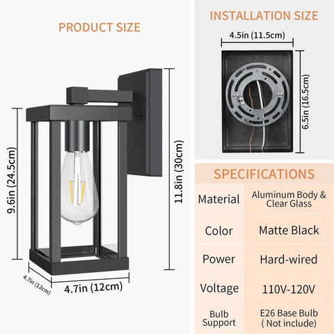 Outdoor Wall Lantern Exterior Wall Sconce Light Matte Black Porch Lighting For Doorway Pack Of Two Built To Last Rustproof Finish Weatherproof Outdoor Lighting For Home Entrance And Garden, product dimensions and specifications shown.