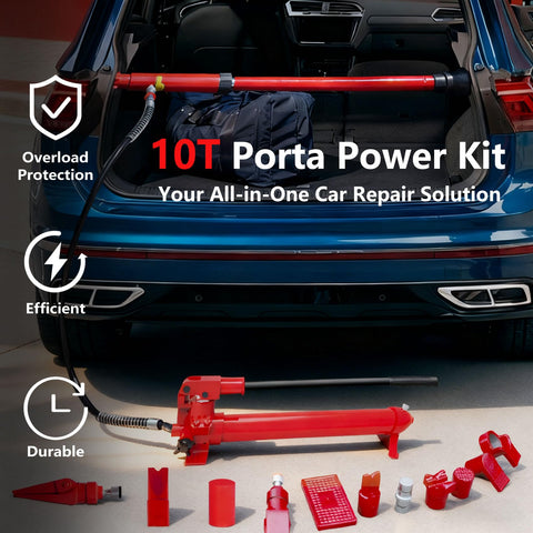 Built Like A Tank Professional Grade 10 Ton Porta Power Hydraulic Jack Kit With Heavy Duty Pump And 13 Piece Attachment Set For Auto Body Frame Straightening And Garage Work That Gets Done Right Without Breaking A Sweat, displayed in a car trunk.