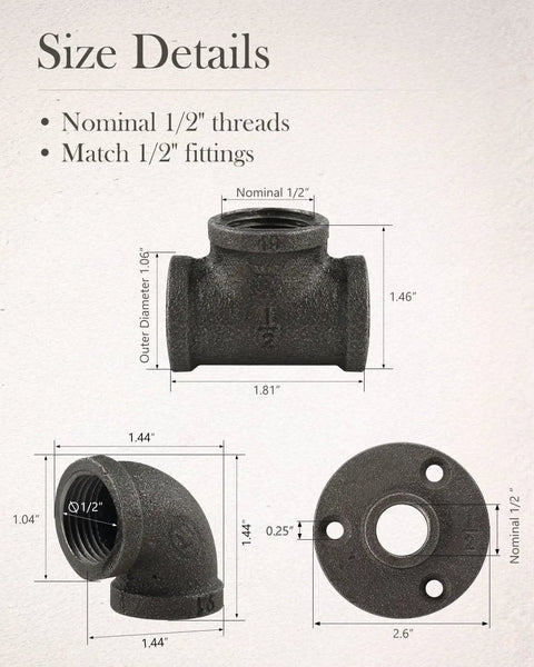 Size chart of 30 Pack Half Inch Cast Iron Pipe Fittings Set Includes 10 Elbows 10 Tees And 10 Flanges with black finish