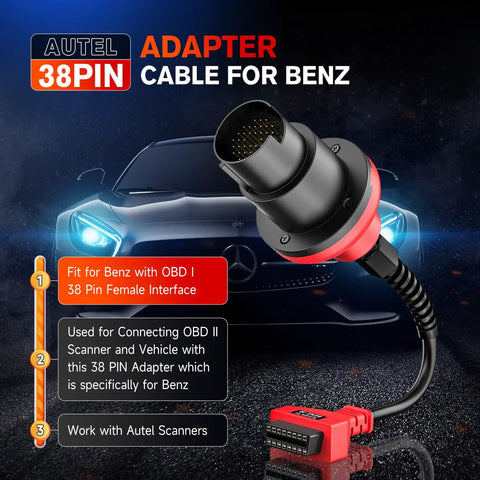 Mercedes Benz 38 Pin To 16 Pin OBDII Connector Adapter For Pre 2001 Cars cable in front of a car, highlighting compatibility.